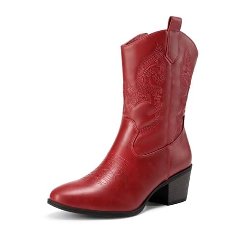 DREAM PAIRS Cowboy Boots for Women, Mid Calf Cowgirl Boots with Embroidery Round Toe Western Chunky Low Heel Shoes,Size 6.5,Red,DWUMMB2505