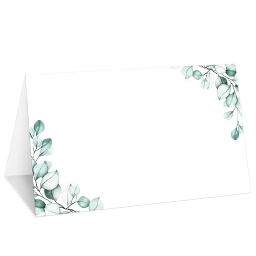 Eucalyptus Greenery Place Cards, Set of 25 Tent Name Cards for Table Setting, Food Label for Wedding, Baby Shower, Birthday Dinner Party Supplies -007
