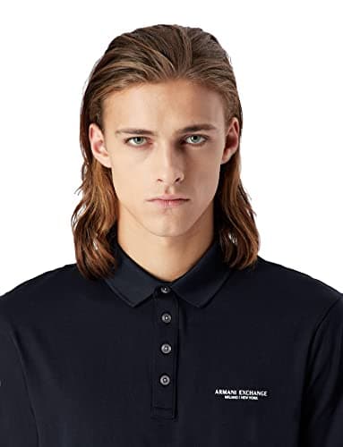 Armani Exchange Men's Short Sleeve Contrast Logo Jersey Polo Shirt, Navy, Large