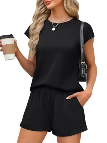 WIHOLL Lounge Sets for Women 2 Piece Summer Clothes Cap Sleeve Tops Track Suits Travel Outfit for Airplane Beach Vacation Clothes Spring Break Fashion 2026 Black 2XL