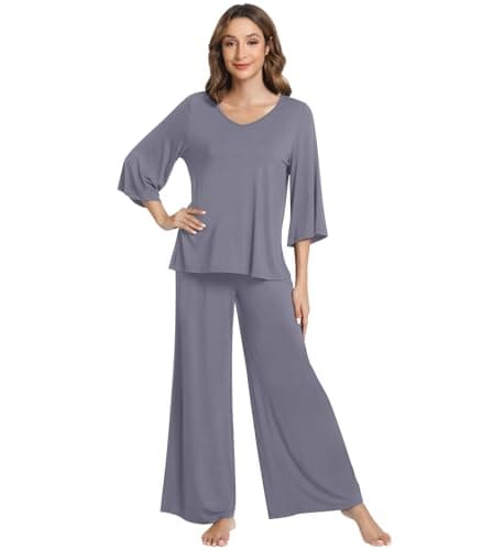 NACHILA Women's Pajamas Set 3/4 Sleeves Pjs V Neck Sleepwear Soft Loungewear with Wide Leg Pants, Viscose Made from Bamboo Dark Grey M