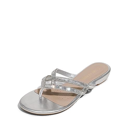 DREAM PAIRS Women's Fashion Rhinestones Design Slides Sandals Dress Daily Flat Sandals for Summer,Size 5.5,Silver,JEWEL_01