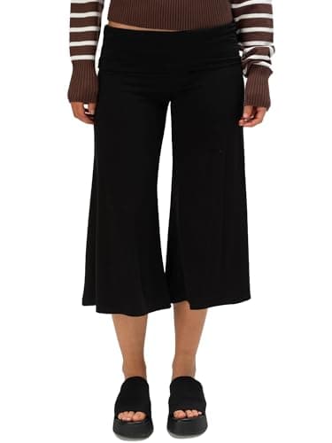 Erenella Women's Casual Wide Leg Cropped Pants Low Rise Fold Over Stretch Gaucho Pants for Summer Beach Holiday Streetwear (A-Black, S)