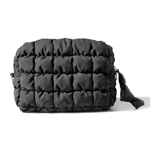 Yarnic Quilted Makeup Bag Cosmetic Bag, Travel Toiletry Bag for Women, Cute Makeup Bag Organizer Black Puffer Makeup Pouch (M, Black)