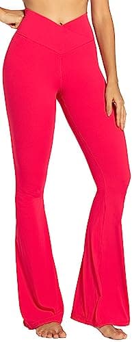 Sunzel Flare Leggings, Crossover Yoga Pants for Women with Tummy Control, High-Waisted and Wide Leg Red, X-Small