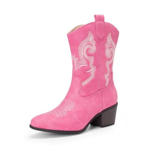 DREAM PAIRS Cowboy Boots for Women, Mid Calf Cowgirl Boots with Embroidery Round Toe Western Chunky Low Heel Shoes,Size 7,Pink,DWUMMB2505