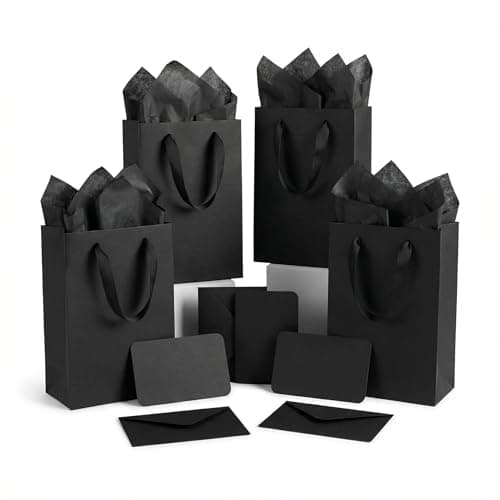 JUNESHE 4 Sets Small Black Gift Bags, 8 inch Tiny Little Paper Bag Matching Card Envelope Sticker Black Tissue Paper for Birthday Party Favors Baby Bridal Shower Shopping Presents Wedding Welcome