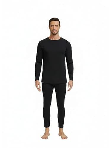 Thermal Underwear for Men Base Layer Cotton Long Johns High Weight Blended Fleece Lined Set for Cold Weather (Large) Black