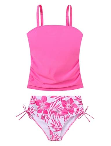 Girls Tankini Swimsuit for Teens Size 8 10 Summer Two Piece Padded Bathing Suits 9 8-10 Years Girls' Rose Red Palm Tree Swimwear Beach Quick Dry Drawstring Briefs Swim Set