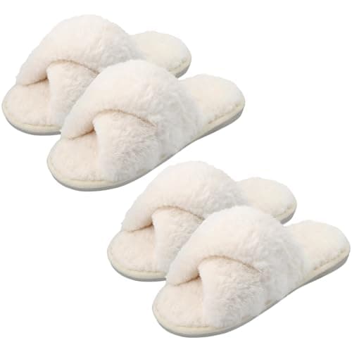 PGN ART 2 Pairs Women's Fuzzy Slippers Cross Band Memory Foam House Slippers with Open Toe Warm Breathable Anti-skid Sole - LARGE