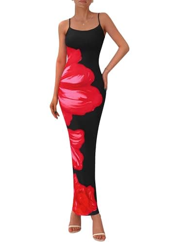 PRETTYGARDEN Womens Summer Floral Maxi Dress 2026 Sexy Spaghetti Strap Long Bodycon Mesh Party Beach Vacation Dresses(Floral Black Rose Red,Large)