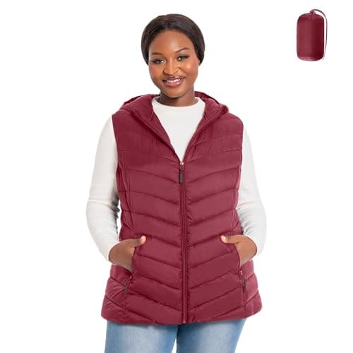 HHE Womens Plus Size Packable Puffer Vest 1X-6X Women's Hooded Lightweight Quilted Puffy Vest (Winered,2X)