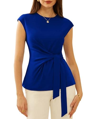 Womens Business Casual Tops Elegant Work Office Tie Front Blouses Dressy Cap Sleeve Crewneck Tee Shirts Navy Blue XXL