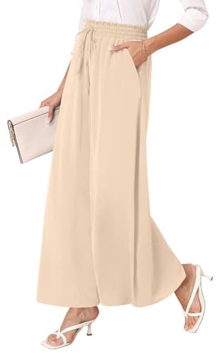 lionstill Palazzo Pants for Women Dressy High Waist Wide Leg Pants Casual Flowy Trousers with Pockets, Khaki L
