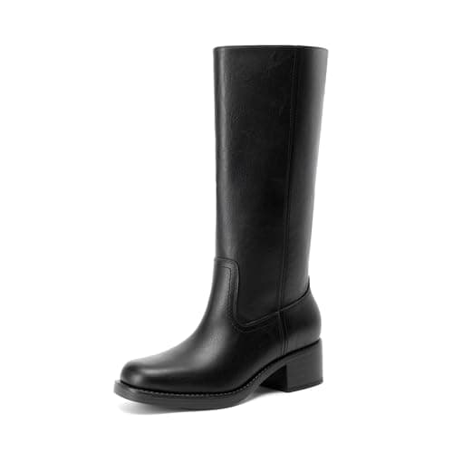 DREAM PAIRS Women's Mid Calf Riding Boots Square Toe Retro Banana Boots Chunky Block Heel Pull-On Fashion Boots,Size 7,Black,SDMB26004W