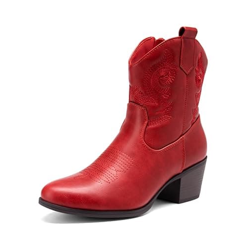 DREAM PAIRS Women's Western Cowboy Cowgirl Embroidered Ankle Boots Fashion Low chunky Heel Round Toe Fall Short Booties Shoes,Size 7,Red,SDAB2432W