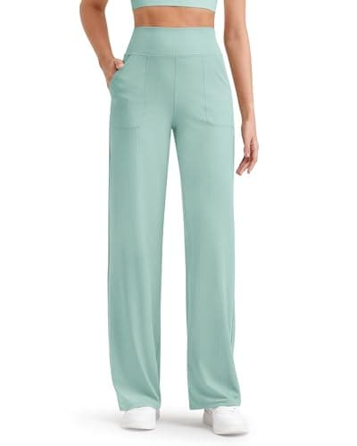 G4Free Stretchy Yoga Pants for Women Wide Leg Sweatpants Lightweight Trousers with Functional Pockets for Leisure(Powder Blue,XL,30")