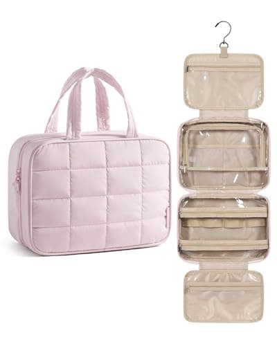 BAGSMART Travel Toiletry Bag for Womne, Hanging Travel Bag for Toiletries, Puffy Makeup Cosmetic Bag Organizer, Carry-on Travel Accessories Essentials, Pink