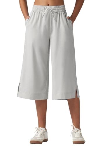 Willit Women's Wide Leg Capris Pants Lightweight Travel Pants Quick Dry Summer Walking Athletic UPF50+ Pockets Light Gray M