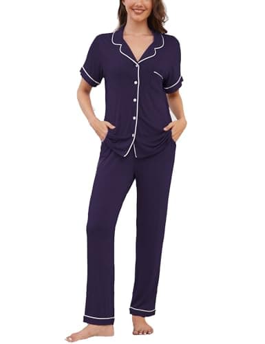 Yoolfine Womens Pajama Set Soft Pjs Short Sleeve Sleepwear with Long Pants 2 Piece Lounge Sets, Purple, Small