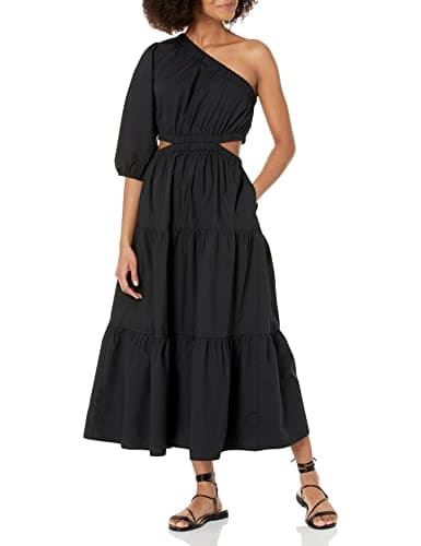 The Drop Women's April One Shoulder Cut-Out Tiered Midi Dress, Black, M