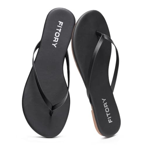 FITORY Women’s Flip Flops, Fashion Casual Thong Walking Slide with Vegan Leather, Comfortable Summer Beach Flat Sandals for 2026 Indoor and Outdoor Black Size 8