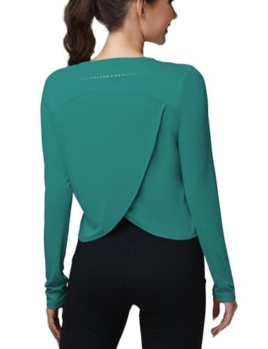 Womens Open Back Workout Tops Athletic Pilates Shirts Tees Gym Tops Running Activewear Long Sleeve UPF 50 Lake Green
