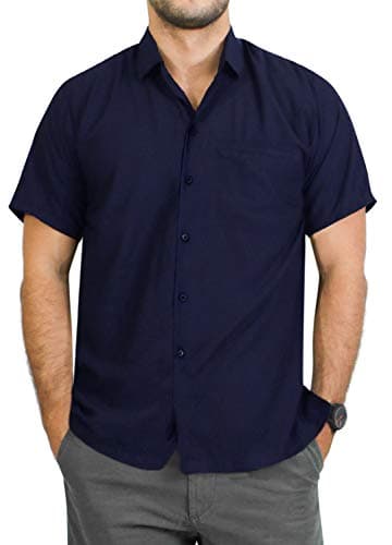 LA LEELA Men's Short Sleeve Button Down Casual Camp Summer Beach Shirts Collar Business Dress Shirts for Men Vacation Solid Shirts with Pocket 7XL Navy Plain