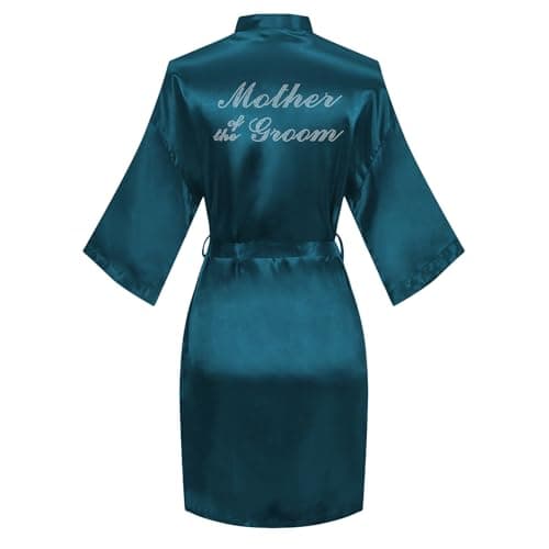 Polar Rabbit Women's Short Satin Bathrobe One Size Silver Rhinestones Bride Bridesmaid Kimono Robes for Wedding Party Getting Ready Mother of Groom Dark Green