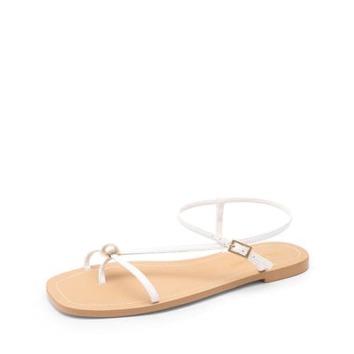 DREAM PAIRS Women's Strappy Flat Sandals for Women Comfortable Open Square Toe Sandals Dressy Beach Thong Cute Wedding Summer Ankle Strap Sandals,Size 8,White,SDFS26001W