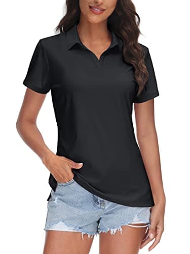 TACVASEN Black Women Polo Shirts UPF 50+ Golf Shirt V Neck Short Sleeve Shirt Sun Protection Collared Shirt for Work Quick Dry, M