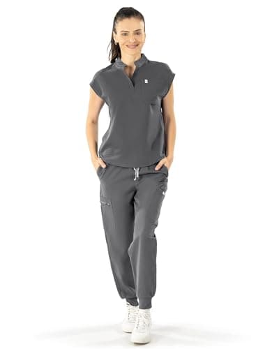 Reinwaete Medical Scrubs for Women Set - Soft Stand-Up Collar Nurse Scrubs Top & Jogger Scrub Pants for Women with 11 Pockets-Durable, Stretchy, Breathable and Comfortable Women Scrub Set-Dark Gray-XL