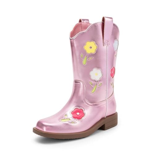 DREAM PAIRS Girls Cowboy Cowgirl Boots Floral Embroidered Western Square Toe Mid Calf Toddler Little Big Kid for Birthday Party Concert,Size 7 Toddler,Pink,KKUMMB2503