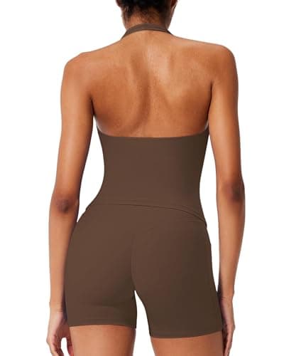 RXRXCOCO Halter Workout Sets for Women 2 Piece V Neck Tank Tops Hidden Scrunch Booty Shorts Gym Sets with Pockets Brown Medium