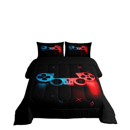 Erosebridal Gaming Comforter Set Twin Size for Boys Kids Game Room Decor Video Game Gamer Comforter Man Teens Bedroom Gamepad Bedding Set All Season,Black Blue Red