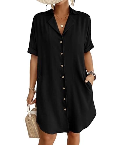 Bsubseach Button Down Beach Cover Ups for Women Bikini Swimsuit Coverup Shirt Dress Casual Vacation Outfits Black M