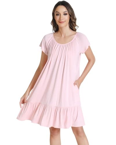 NACHILA Nightgowns for Women-Viscose Made from Bamboo, Short Sleeve Nightshirts Pleated Sleep Dress Soft Sleepshirt Pink S