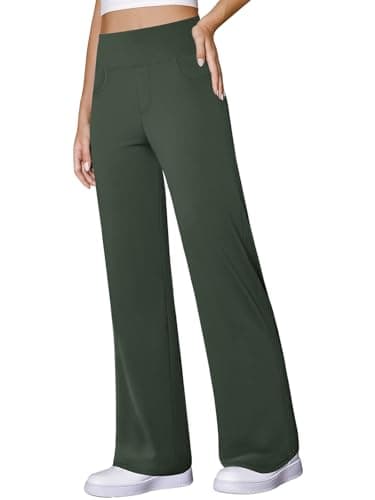 COPYLEAF Wide Leg Yoga Pants Women Stretch Dress Work Pants with Pockets Lounge Casual Sweatpants(Olive Green XXL)