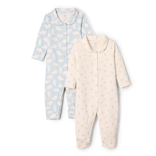 Amazon Essentials x Sofia Grainge Unisex Babies' Cotton Footless Sleepsuit, Pack of 2, Blue Bunny Bear, 3-6 Months