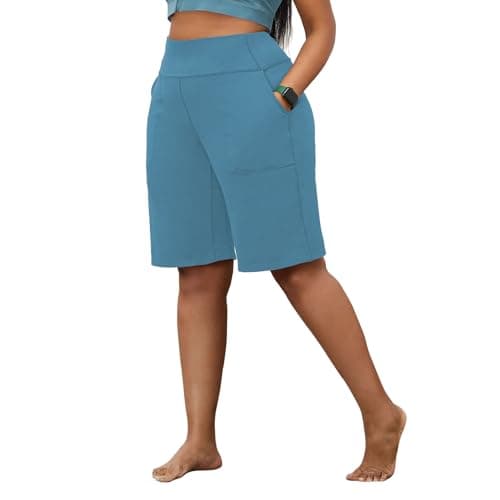 YOHOYOHA Plus Size Women's Bermuda Yoga Shorts - Workout Running Athletic Bike Gym Shorts Long High Waist Light Blue 2XL