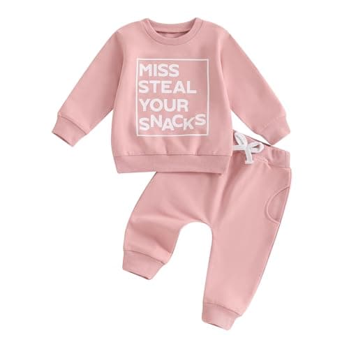 Baby Girl Fall Clothes Set Long Sleeve Letter Print Sweatshirt Pants Toddler Infant Outfits 3 6 12 18 24 Months 2T (Miss Steal Your Snacks Pink, 3-4T)