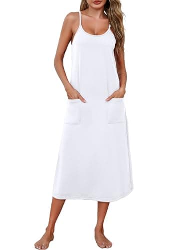 Marvmys Night Gowns for Adult Women Cotton Sleepwear Ladies Long Nightgowns with Pockets White L