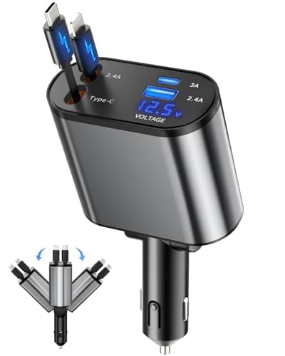 BERTHALESS Retractable Car Charger, 4 in 1 Fast Charging Car Charger with USB-C & USB-A, Compatible with iPhone 17/16/15/14/13/12/11,Galaxy,Pixel, Car Accessories for Men Women Drivers