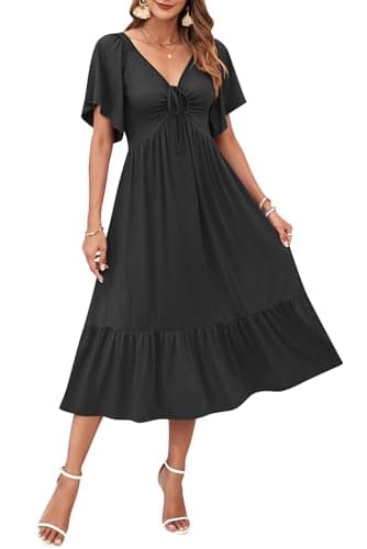 AUSELILY Women's Summer Empire Waist Dress Casual V Neck Short Flutter Sleeve Midi Dresses 2026 Black XS