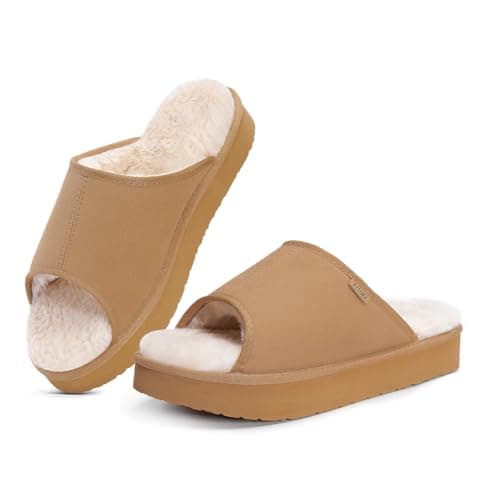 FITORY Womens Open Toe Slipper with Cozy Lining,Faux Rabbit Fur Cork Slide Sandals Brown Platform Size 11
