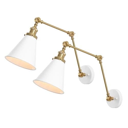 JONATHAN Y 7" White/Brass Gold Classic Industrial Metal Adjustable Arm LED Wall Sconce for Bedside Reading, Farmhouse Swing Arm Wall Lamp with Metal Shade, Hardwired (JYL7462B-SET2)