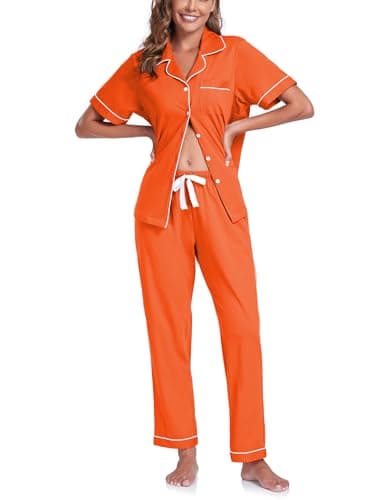 COLORFULLEAF Women's 100% Cotton Pajamas Set Button Down Sleepwear Short Sleeve Shirt and Long Pants Soft Ladies Lounge Sets(Coral Orange,S)
