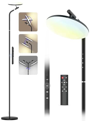 RUNBARRY LED Floor Lamp, 36W Super Bright Standing Lamp with Remote & Touch Control, 69" Stepless Dimmable Torchiere Floor Lamps, 350° Rotating Head Floor Lamp for Bedroom, Living Room, Office, Black