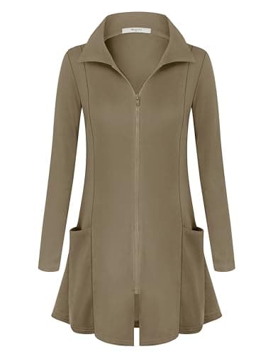 Miusey Fall Jackets for Women 2023 Long Zip Up Sweatshirt Lightweight Cardigan Sweaters Full Zipper Tunic Tops to wear with Leggings Deep Khaki Large
