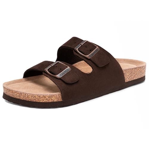 FITORY Womens Flat Sandals with Cork Footbed, Open Toe Arch Support Slides Adjustable Slip On Slippers for Summer 2026 Brown Suede Size 9